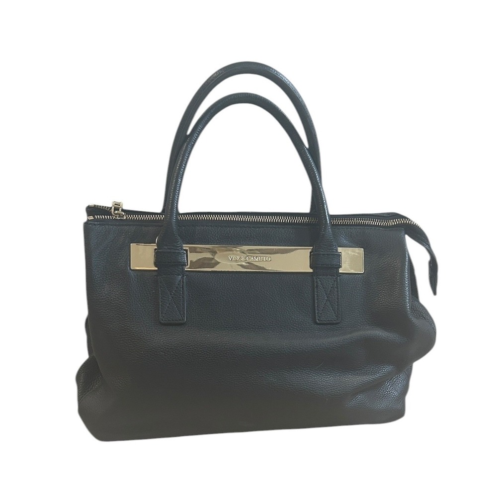 Vince‎ Camuto Black Leather Satchel Large Gold Logo Top Handle Bag Pebbled Corp - Picture 3 of 8